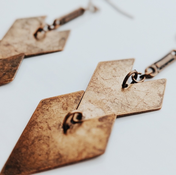 Vintage Y2K Double Chevron Antiqued Bronze Drop Earrings – Solid Metal - Picture 2 of 4